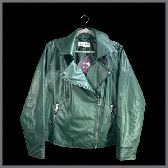 NWT Ava & Viv Womens Green Faux Leather Jacket 1X Asymmetrical Zip - Picture 1 of 6